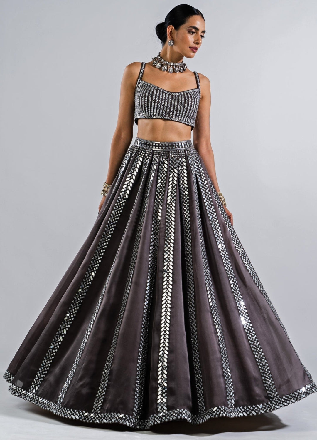 Charcoal Grey Mirror Seam Lehenga With Strappy Mirror Blouse. Vvani by Vani Vats - Fabilicious Fashion