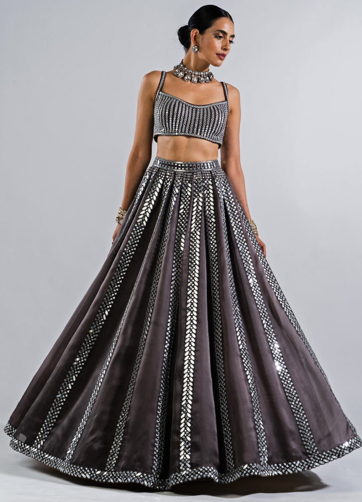 Charcoal Grey Mirror Seam Lehenga With Strappy Mirror Blouse. Vvani by Vani Vats - Fabilicious Fashion