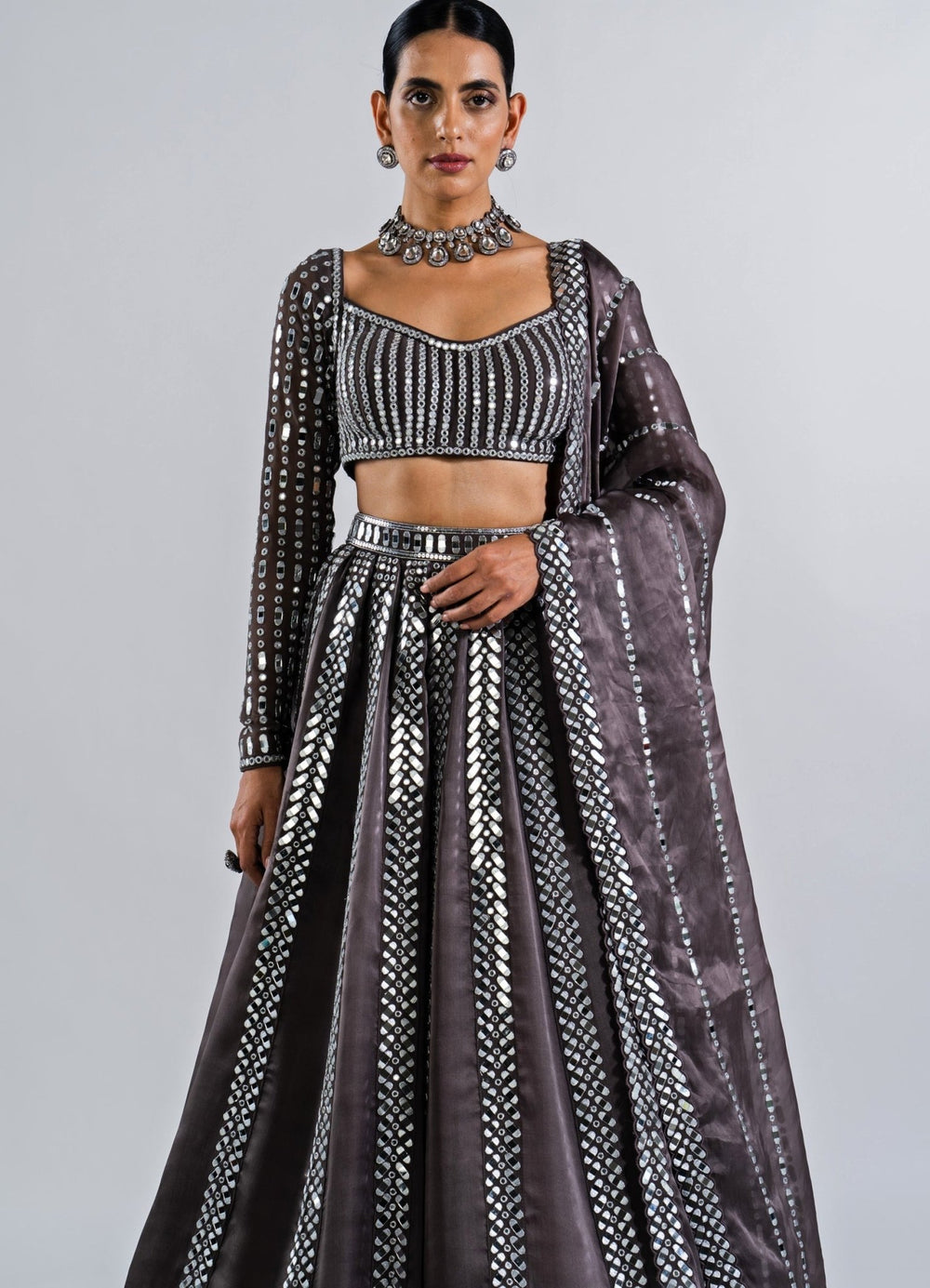 Charcoal Grey Mirror Seam Lehenga With Strappy Mirror Blouse. Vvani by Vani Vats - Fabilicious Fashion