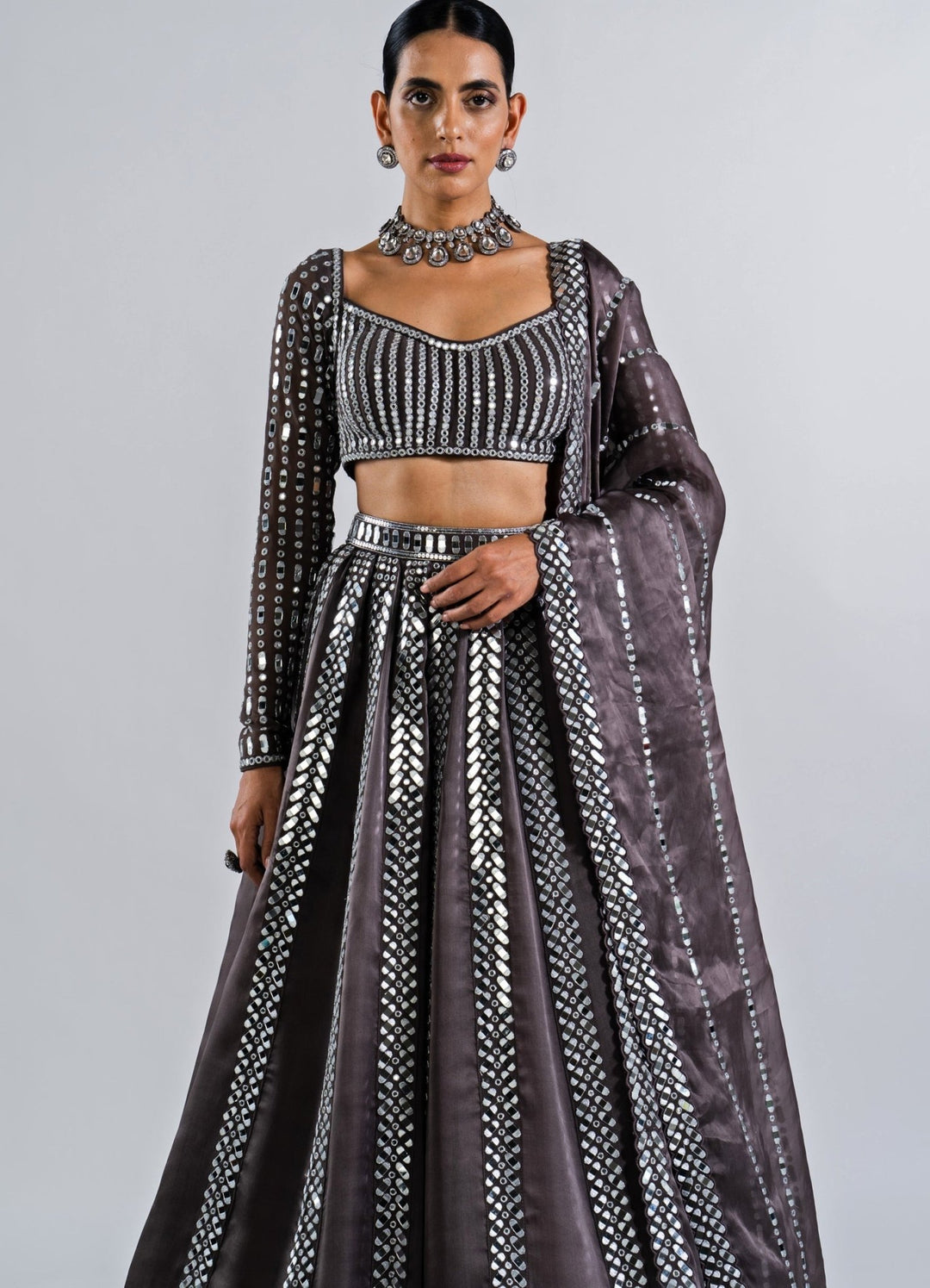 Charcoal Grey Mirror Seam Lehenga With Strappy Mirror Blouse. Vvani by Vani Vats - Fabilicious Fashion