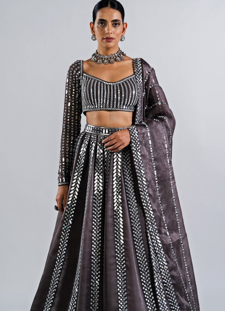 Charcoal Grey Mirror Seam Lehenga With Strappy Mirror Blouse. Vvani by Vani Vats - Fabilicious Fashion