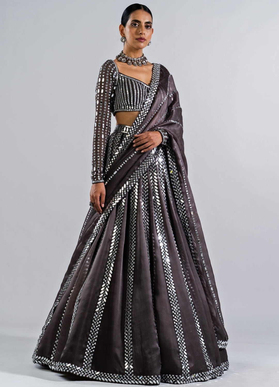 Charcoal Grey Mirror Seam Lehenga With Strappy Mirror Blouse. Vvani by Vani Vats - Fabilicious Fashion