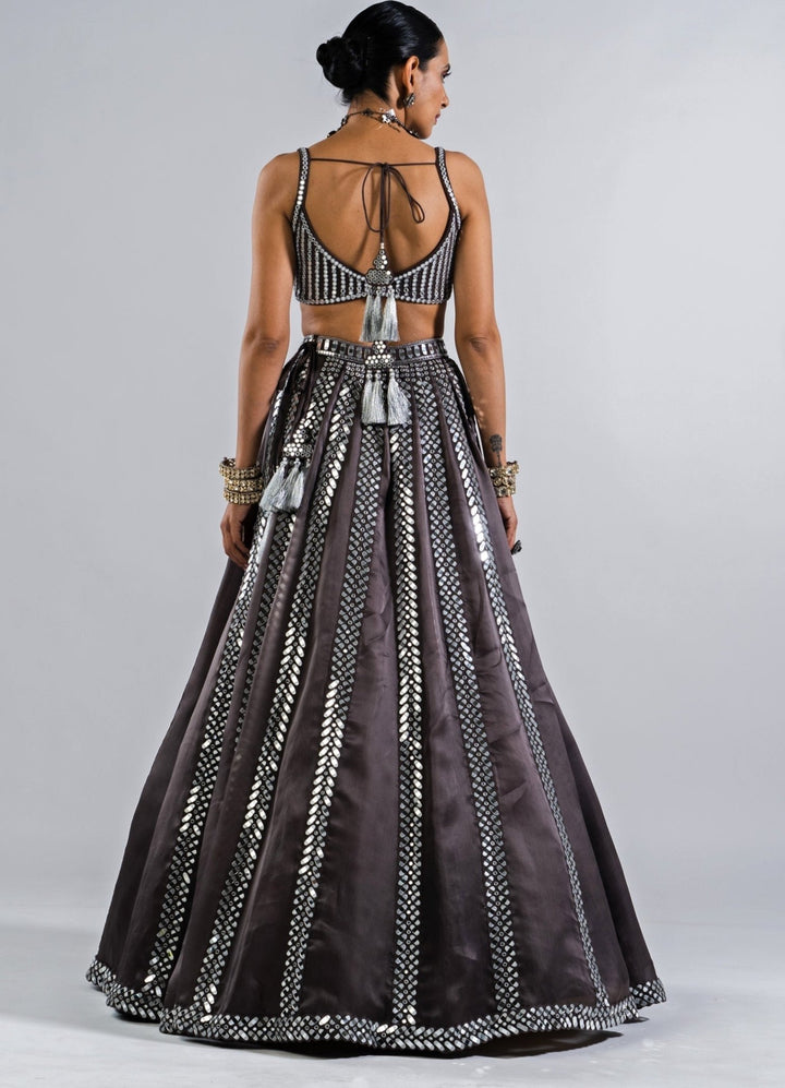 Charcoal Grey Mirror Seam Lehenga With Strappy Mirror Blouse. Vvani by Vani Vats - Fabilicious Fashion