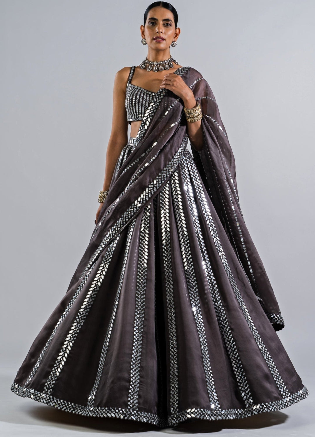 Charcoal Grey Mirror Seam Lehenga With Strappy Mirror Blouse. Vvani by Vani Vats - Fabilicious Fashion