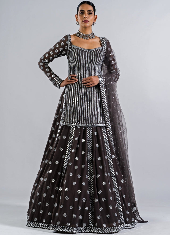 Charcoal Grey Mirror Work Kurta Lehenga Set. Vvani by Vani Vats - Fabilicious Fashion