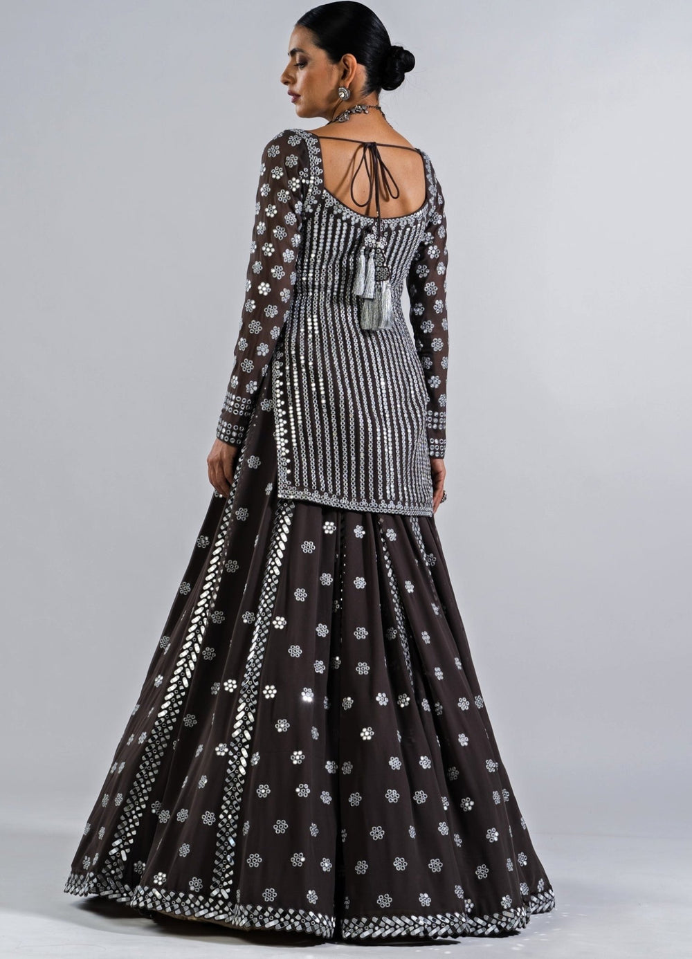 Charcoal Grey Mirror Work Kurta Lehenga Set. Vvani by Vani Vats - Fabilicious Fashion