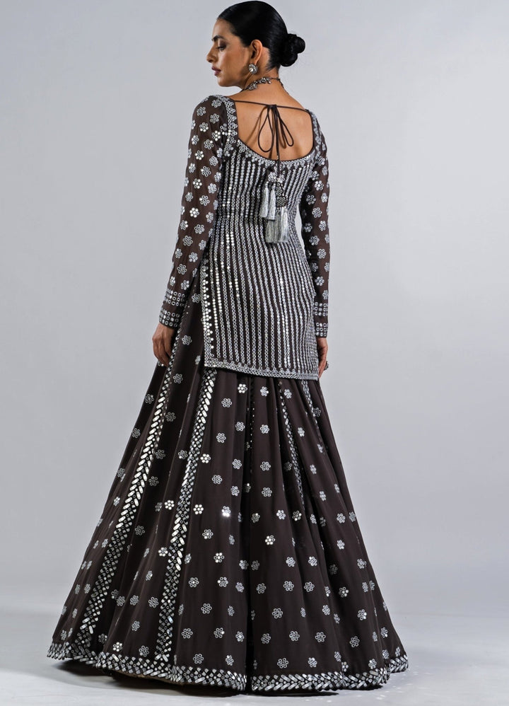 Charcoal Grey Mirror Work Kurta Lehenga Set. Vvani by Vani Vats - Fabilicious Fashion