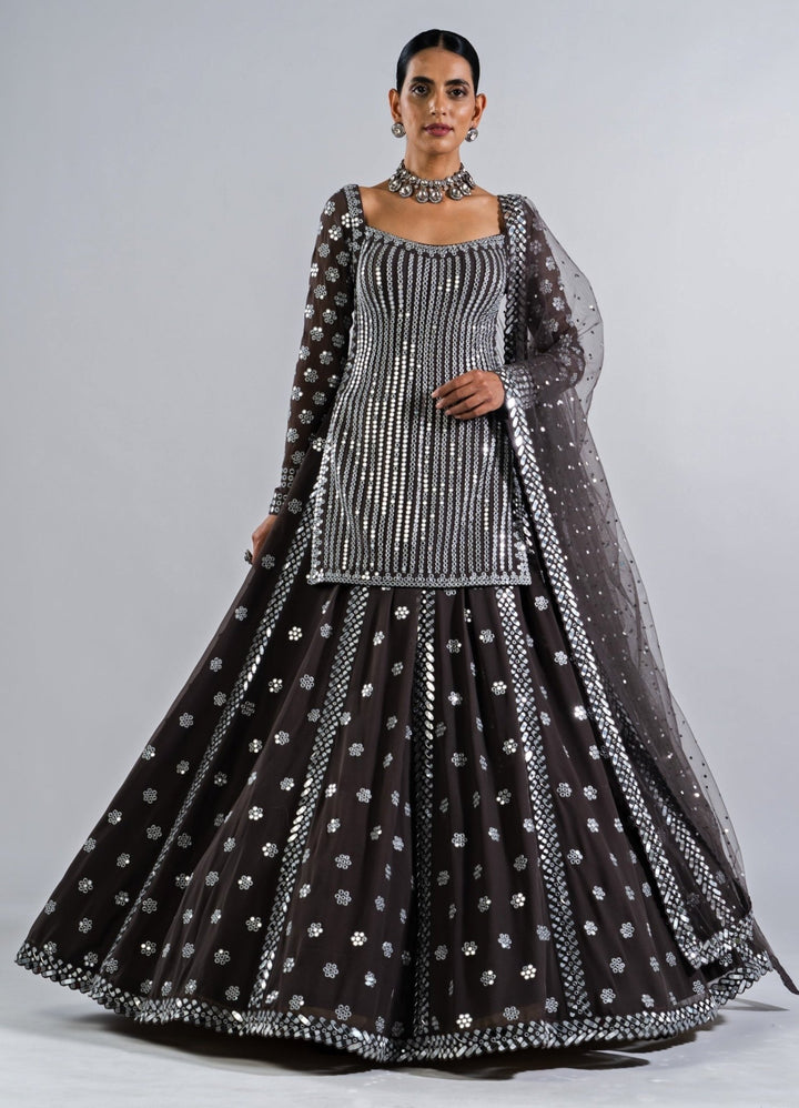 Charcoal Grey Mirror Work Kurta Lehenga Set. Vvani by Vani Vats - Fabilicious Fashion