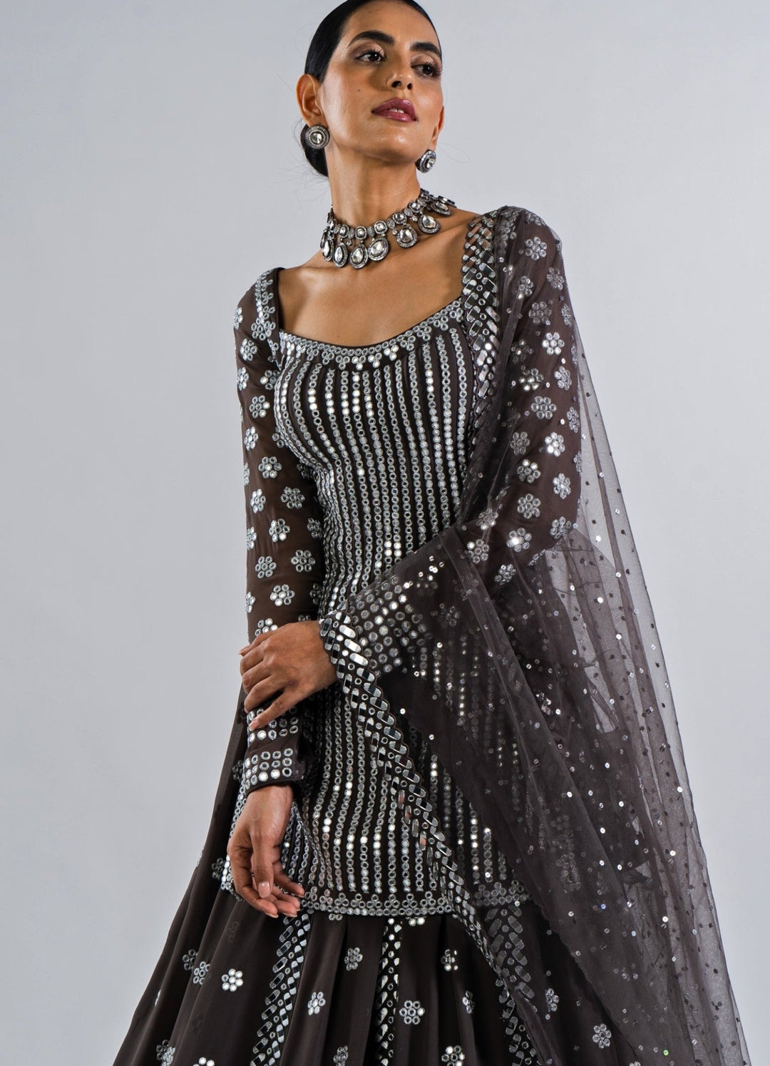 Charcoal Grey Mirror Work Kurta Lehenga Set. Vvani by Vani Vats - Fabilicious Fashion