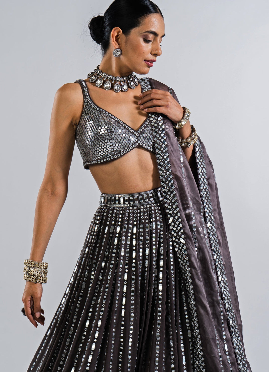 Charcoal Grey Multi Linear Drop Lehenga With Metallic Sequinned Blouse Vvani by Vani Vats - Fabilicious Fashion