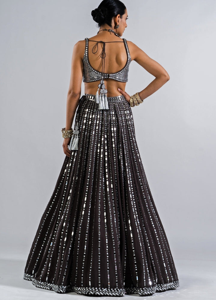 Charcoal Grey Multi Linear Drop Lehenga With Metallic Sequinned Blouse Vvani by Vani Vats - Fabilicious Fashion
