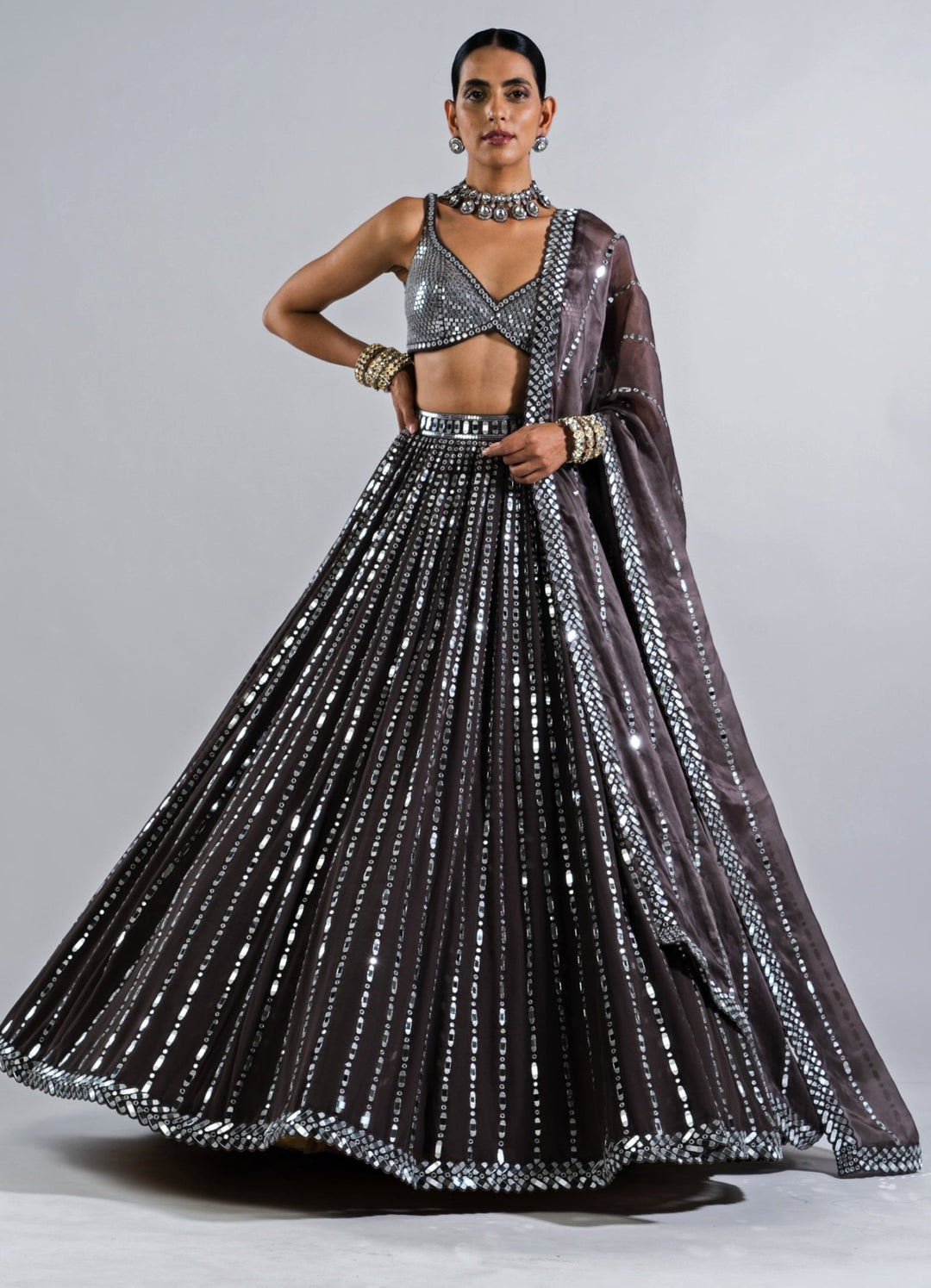 Charcoal Grey Multi Linear Drop Lehenga With Metallic Sequinned Blouse Vvani by Vani Vats - Fabilicious Fashion