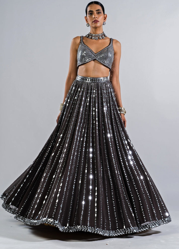 Charcoal Grey Multi Linear Drop Lehenga With Metallic Sequinned Blouse Vvani by Vani Vats - Fabilicious Fashion