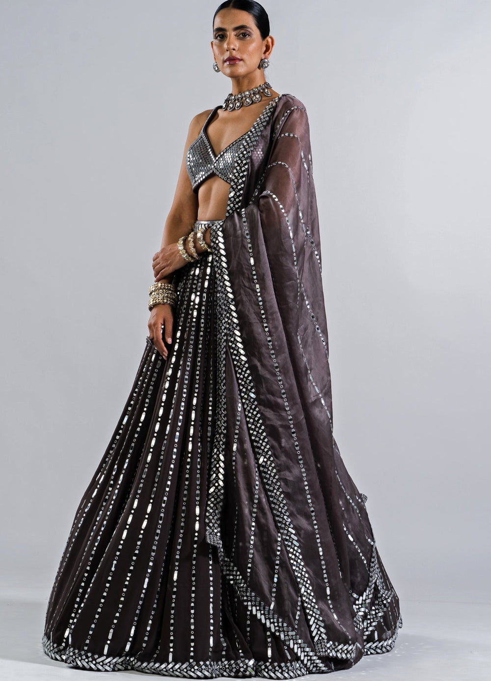 Charcoal Grey Multi Linear Drop Lehenga With Metallic Sequinned Blouse Vvani by Vani Vats - Fabilicious Fashion