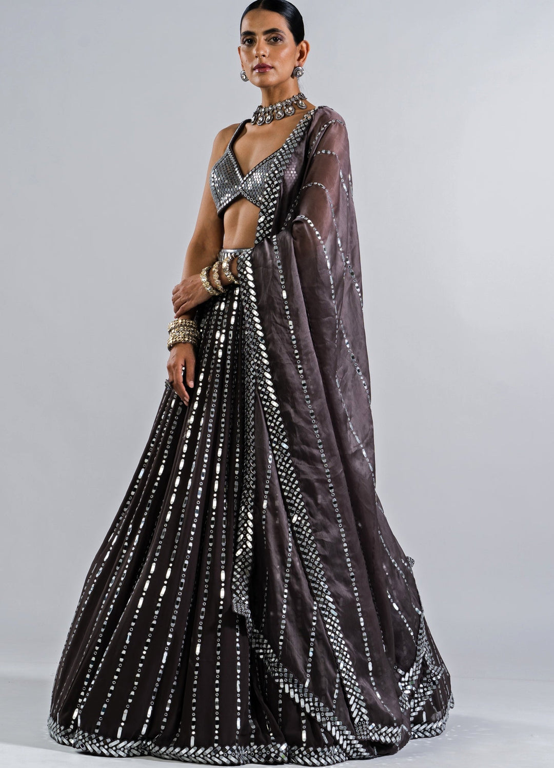 Charcoal Grey Multi Linear Drop Lehenga With Metallic Sequinned Blouse Vvani by Vani Vats - Fabilicious Fashion