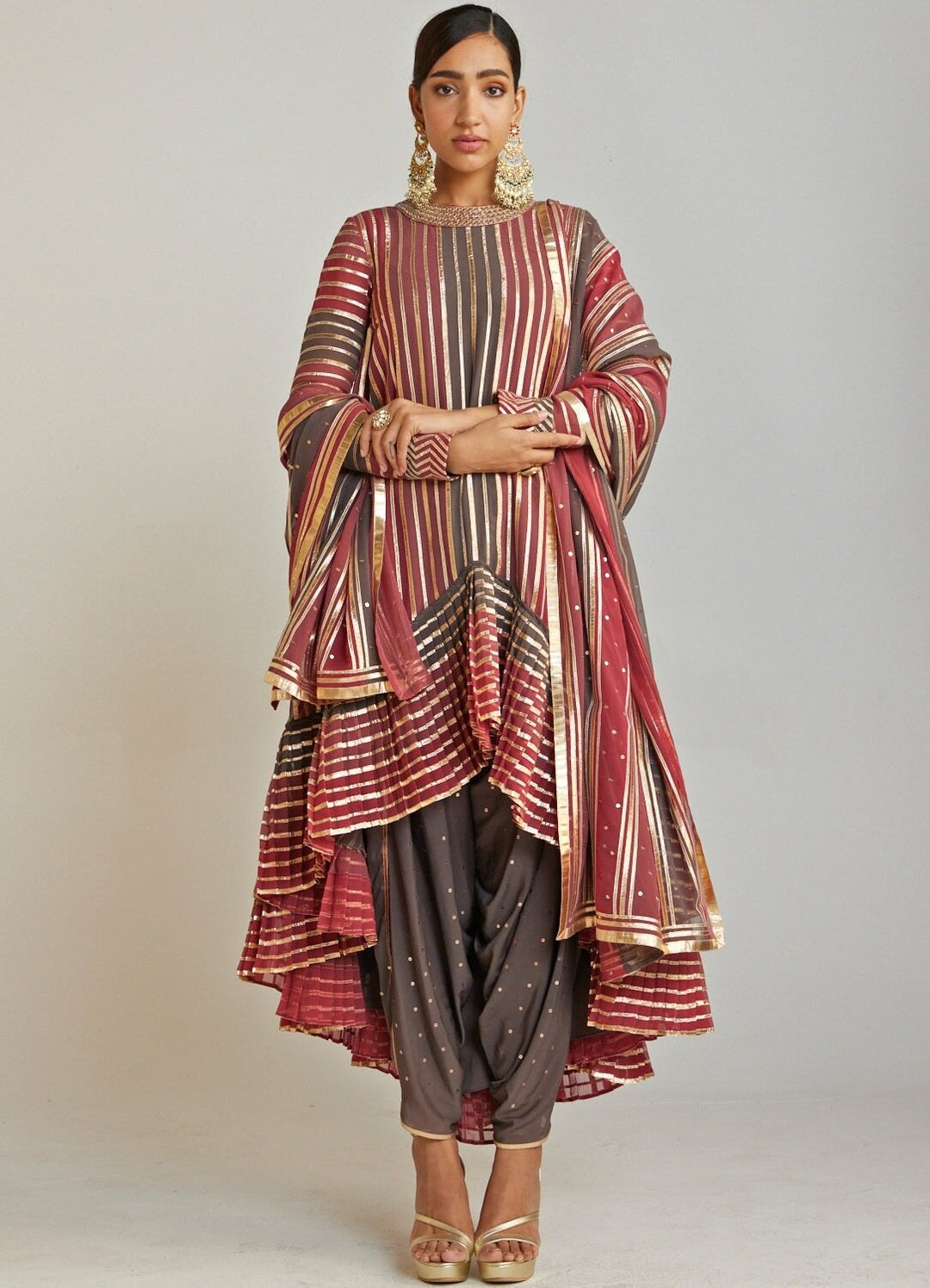 Charcoal Grey Round Neck Asymmetrical Kurta Dhoti Set Vvani By Vani Vats - Fabilicious Fashion