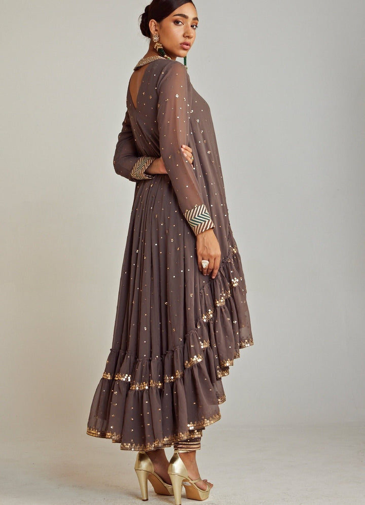 Charcoal Grey Round Neck Asymmetrical Kurta Pant Set With Multicolour Dupatta Vvani By Vani Vats - Fabilicious Fashion