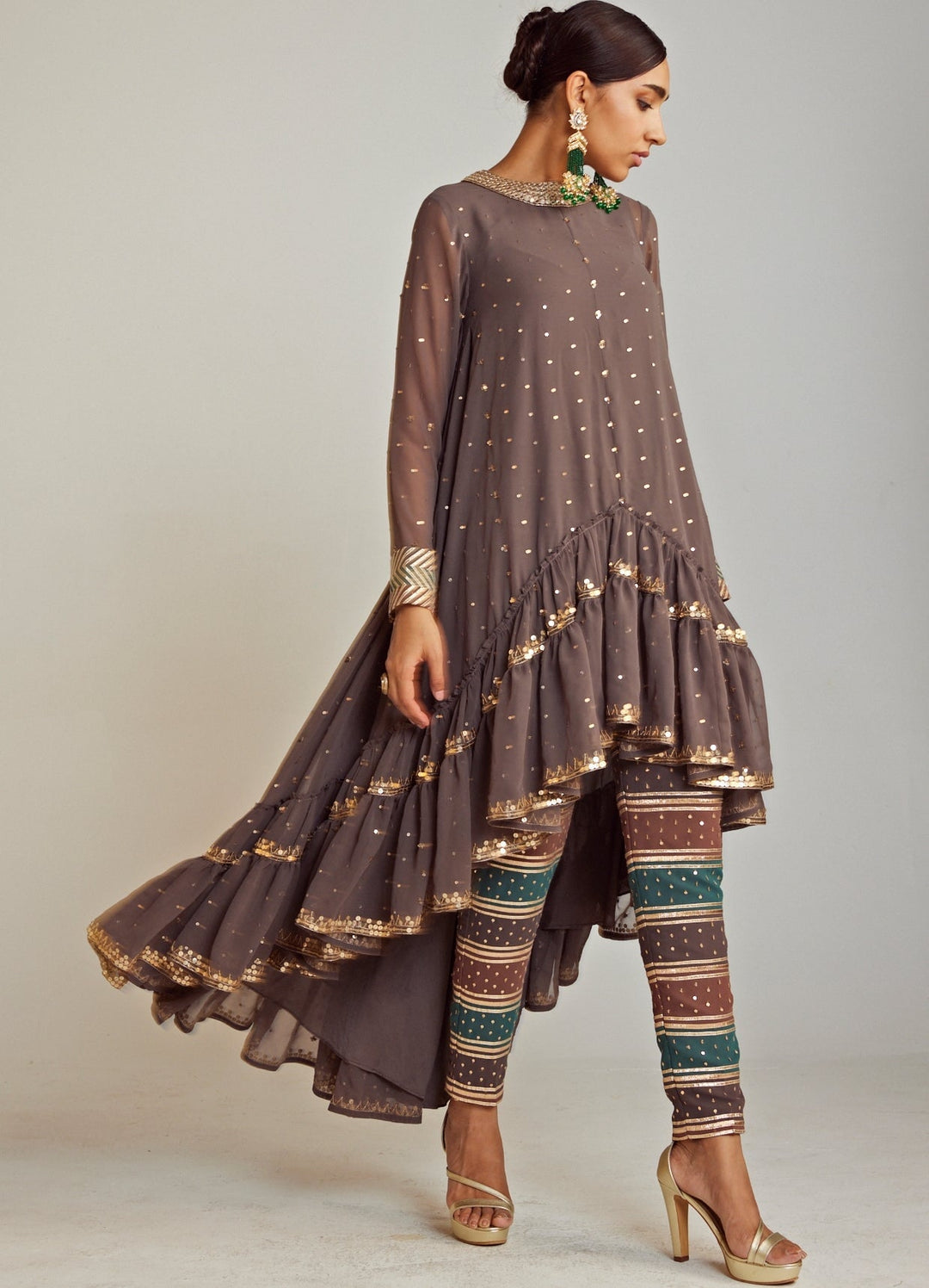 Charcoal Grey Round Neck Asymmetrical Kurta Pant Set With Multicolour Dupatta Vvani By Vani Vats - Fabilicious Fashion
