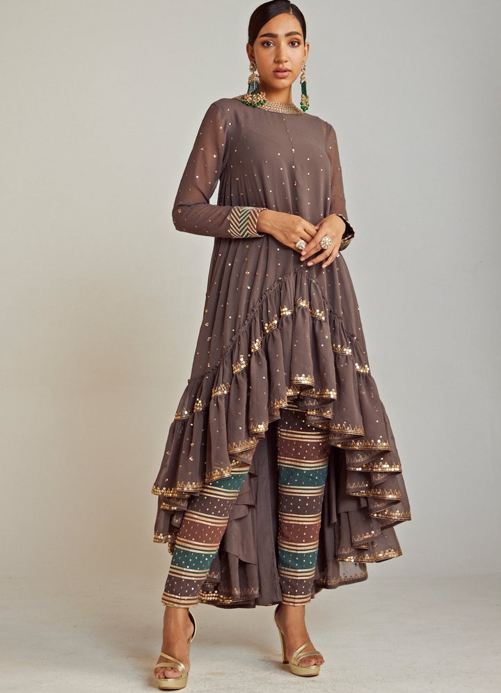Charcoal Grey Round Neck Asymmetrical Kurta Pant Set With Multicolour Dupatta Vvani By Vani Vats - Fabilicious Fashion