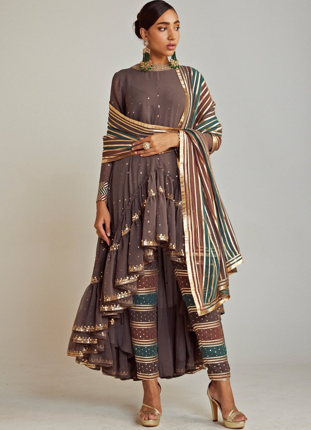 Charcoal Grey Round Neck Asymmetrical Kurta Pant Set With Multicolour Dupatta Vvani By Vani Vats - Fabilicious Fashion
