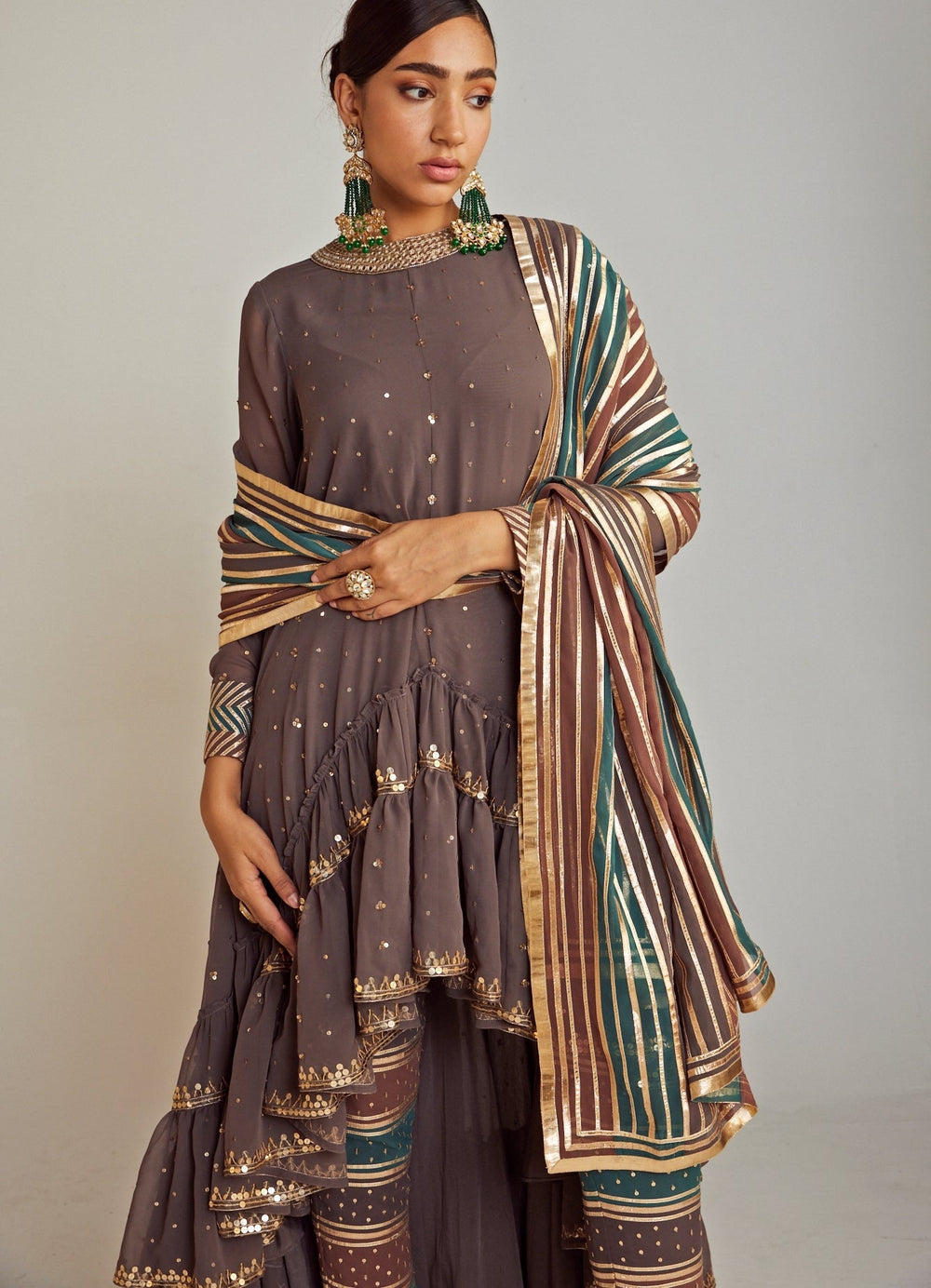 Charcoal Grey Round Neck Asymmetrical Kurta Pant Set With Multicolour Dupatta Vvani By Vani Vats - Fabilicious Fashion