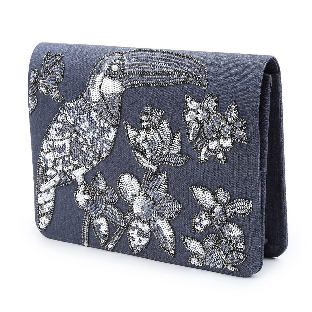 Charcoal Grey Sequinned Toucan Clutch The Purple Sack - Fabilicious Fashion