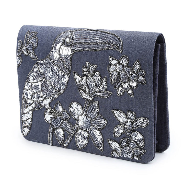 Charcoal Grey Sequinned Toucan Clutch The Purple Sack - Fabilicious Fashion