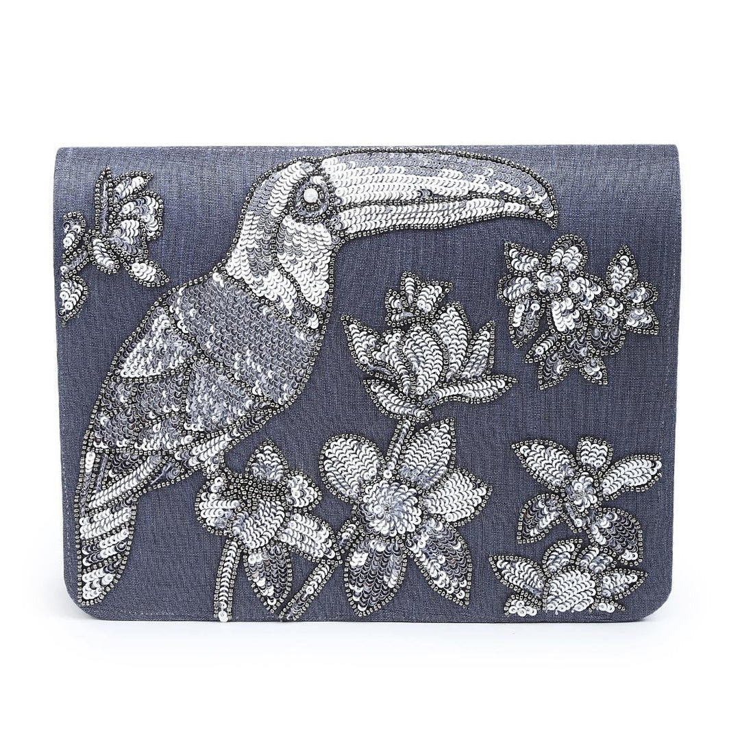 Charcoal Grey Sequinned Toucan Clutch The Purple Sack - Fabilicious Fashion