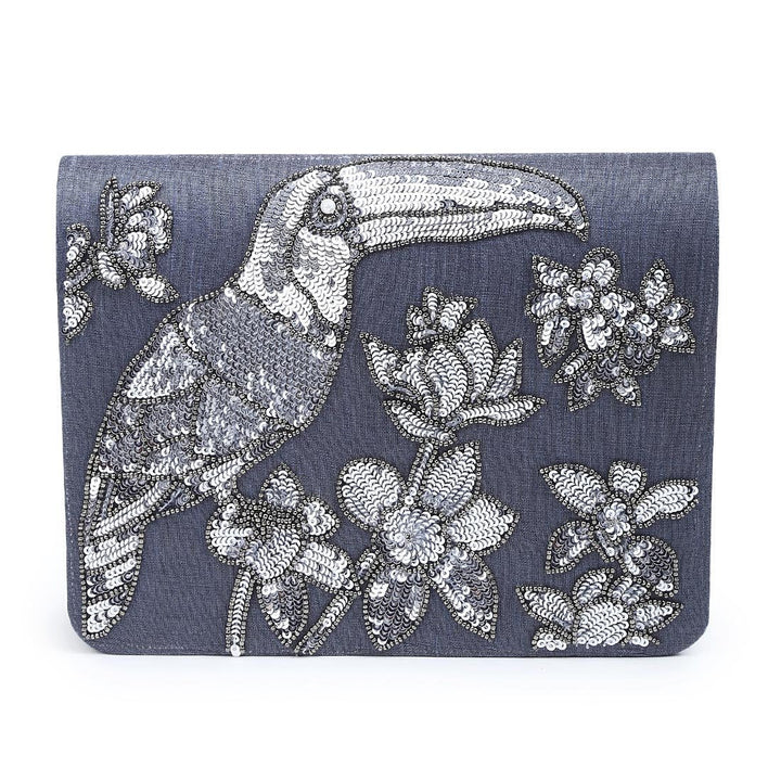 Charcoal Grey Sequinned Toucan Clutch The Purple Sack - Fabilicious Fashion