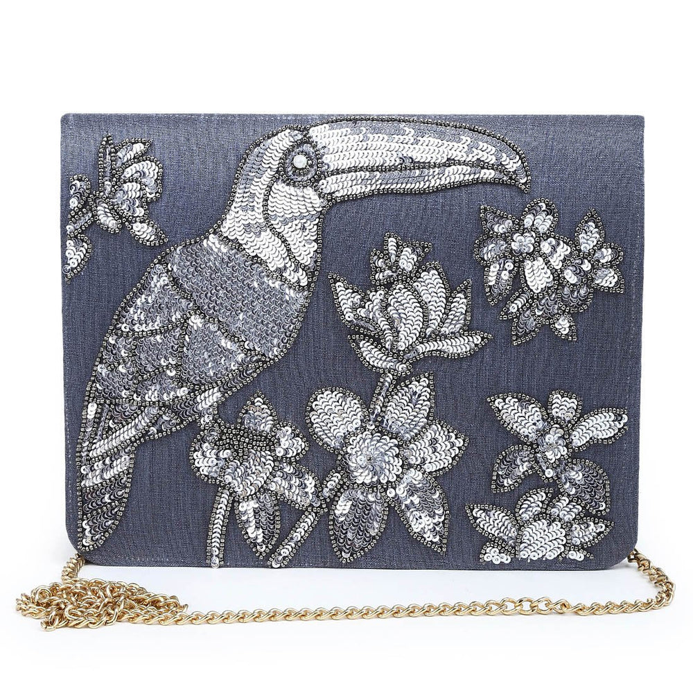Charcoal Grey Sequinned Toucan Clutch The Purple Sack - Fabilicious Fashion