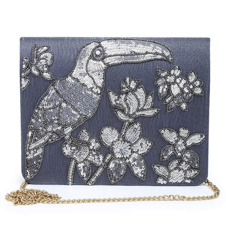 Charcoal Grey Sequinned Toucan Clutch The Purple Sack - Fabilicious Fashion
