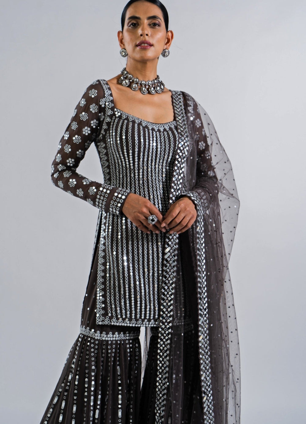 Charcoal Grey Sharara Set Vvani by Vani Vats - Fabilicious Fashion