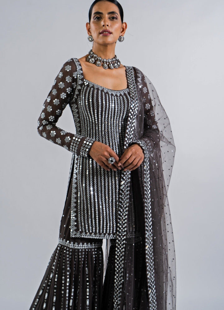 Charcoal Grey Sharara Set Vvani by Vani Vats - Fabilicious Fashion