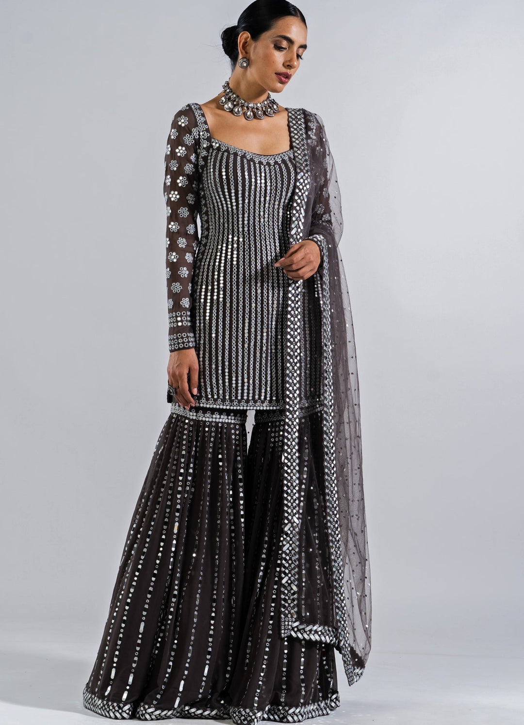 Charcoal Grey Sharara Set Vvani by Vani Vats - Fabilicious Fashion