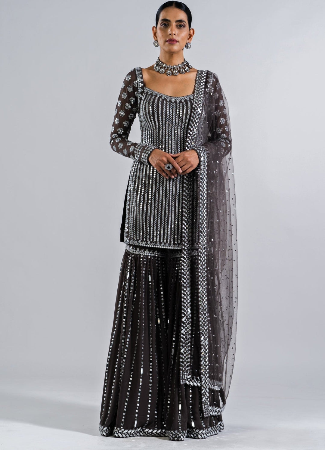 Charcoal Grey Sharara Set Vvani by Vani Vats - Fabilicious Fashion
