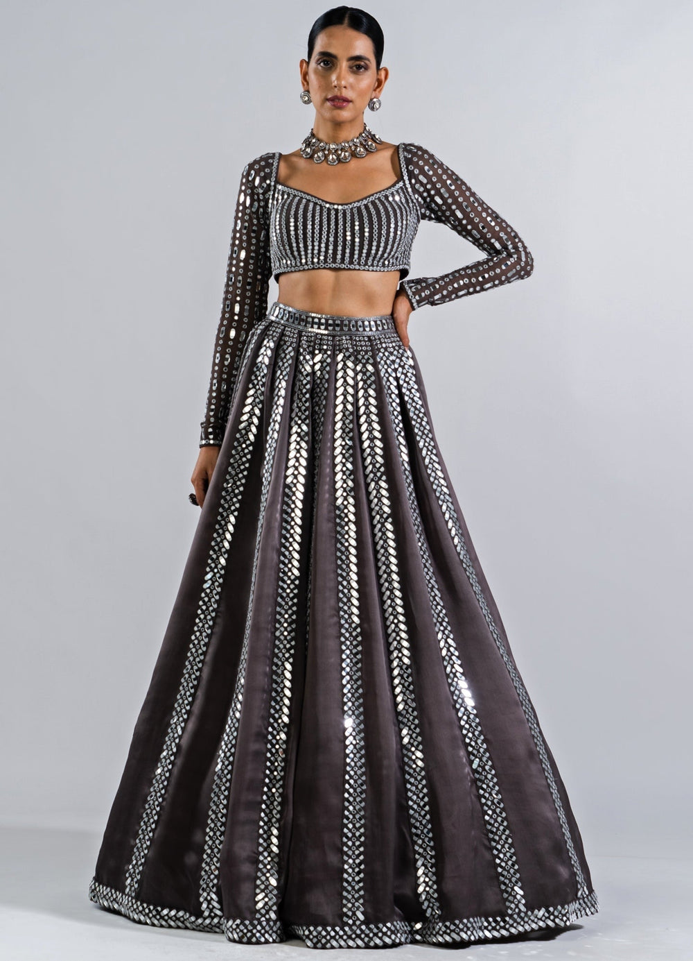 Charcoal Grey Single Linear Mirror Lehenga With Full Sleeves Mirror Blouse Vvani by Vani Vats - Fabilicious Fashion
