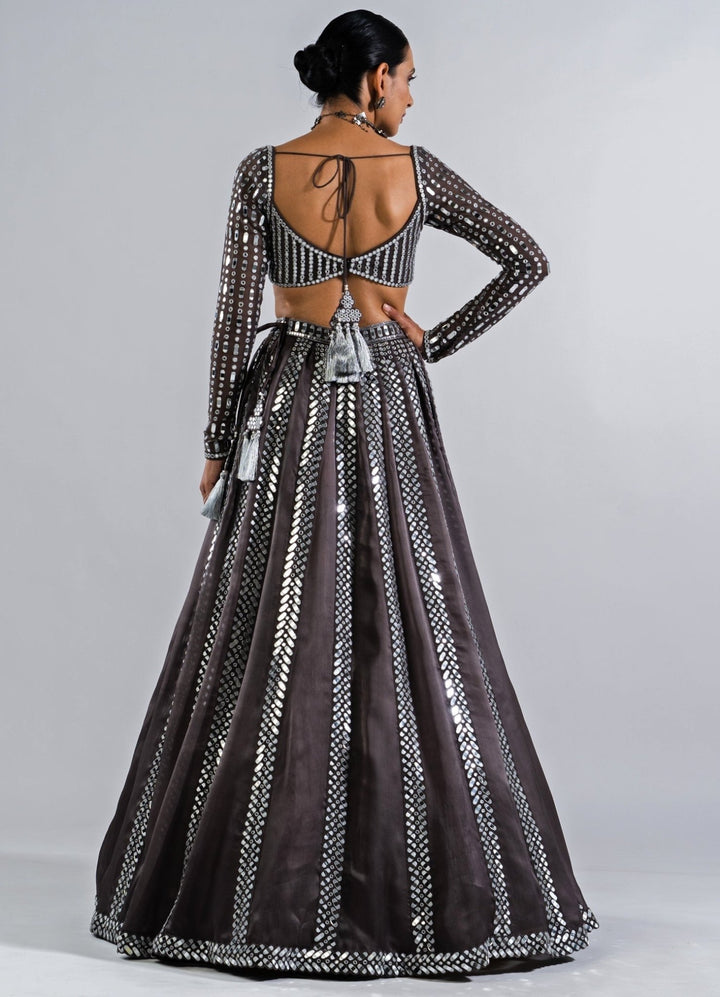 Charcoal Grey Single Linear Mirror Lehenga With Full Sleeves Mirror Blouse Vvani by Vani Vats - Fabilicious Fashion
