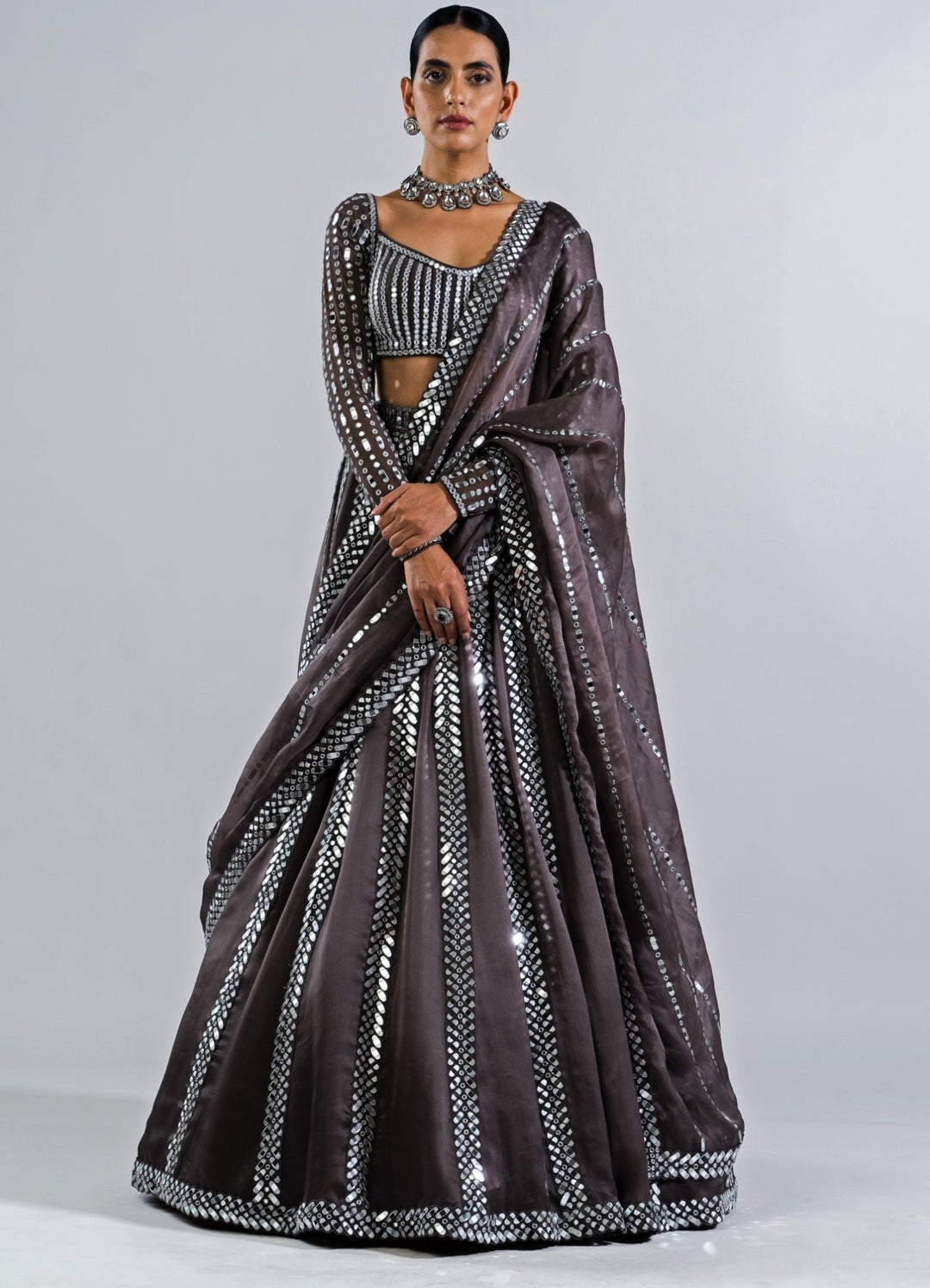 Charcoal Grey Single Linear Mirror Lehenga With Full Sleeves Mirror Blouse Vvani by Vani Vats - Fabilicious Fashion