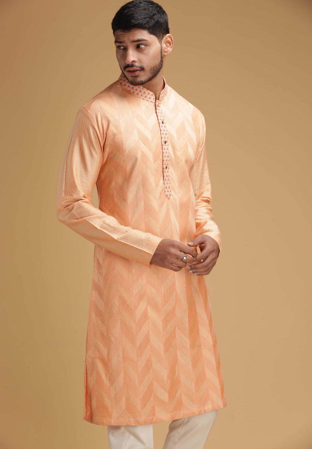 Chevron Peach Silk Kurta Set Chatenya Mittal - Fabilicious Fashion
