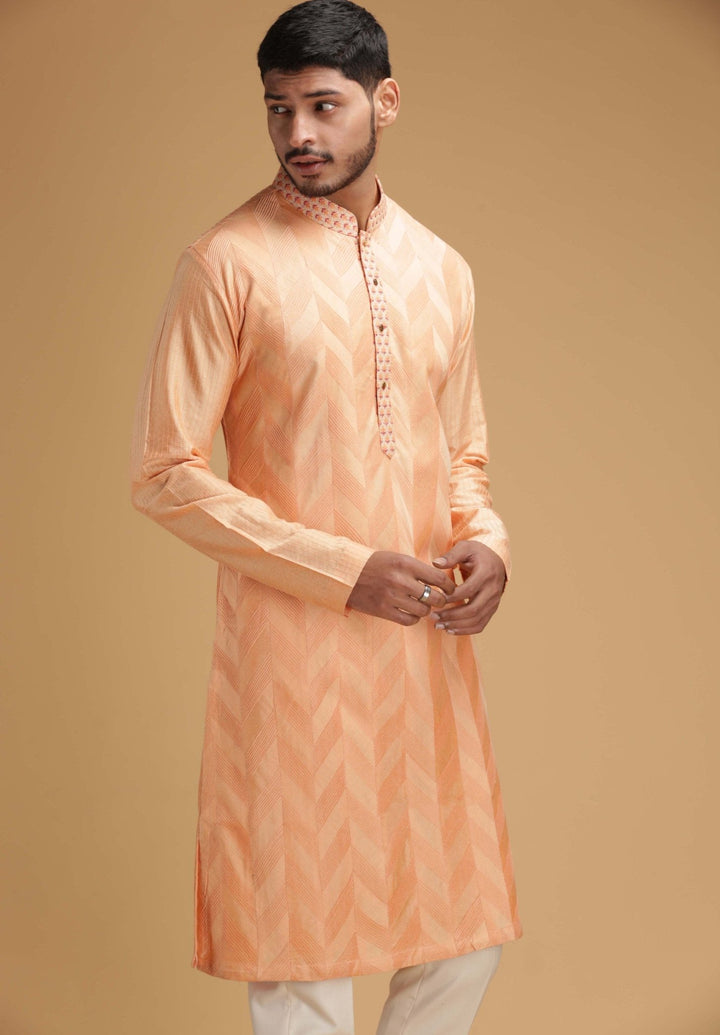 Chevron Peach Silk Kurta Set Chatenya Mittal - Fabilicious Fashion