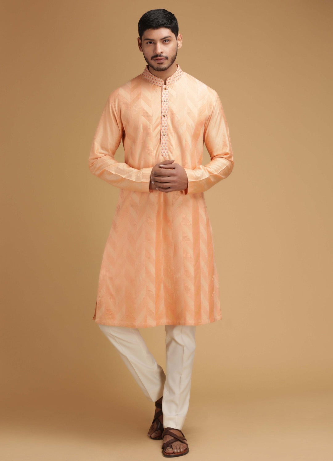 Chevron Peach Silk Kurta Set Chatenya Mittal - Fabilicious Fashion