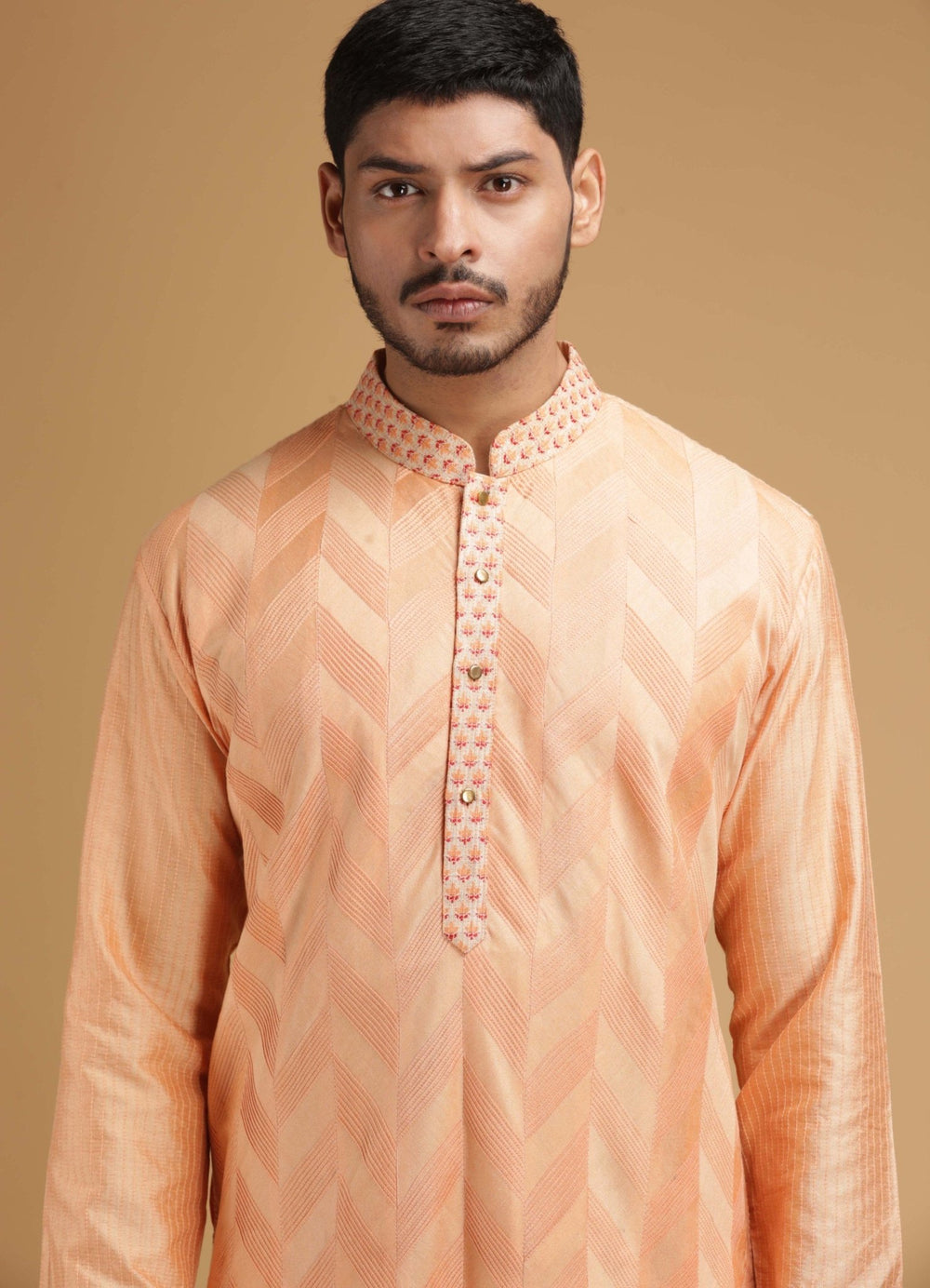 Chevron Peach Silk Kurta Set Chatenya Mittal - Fabilicious Fashion