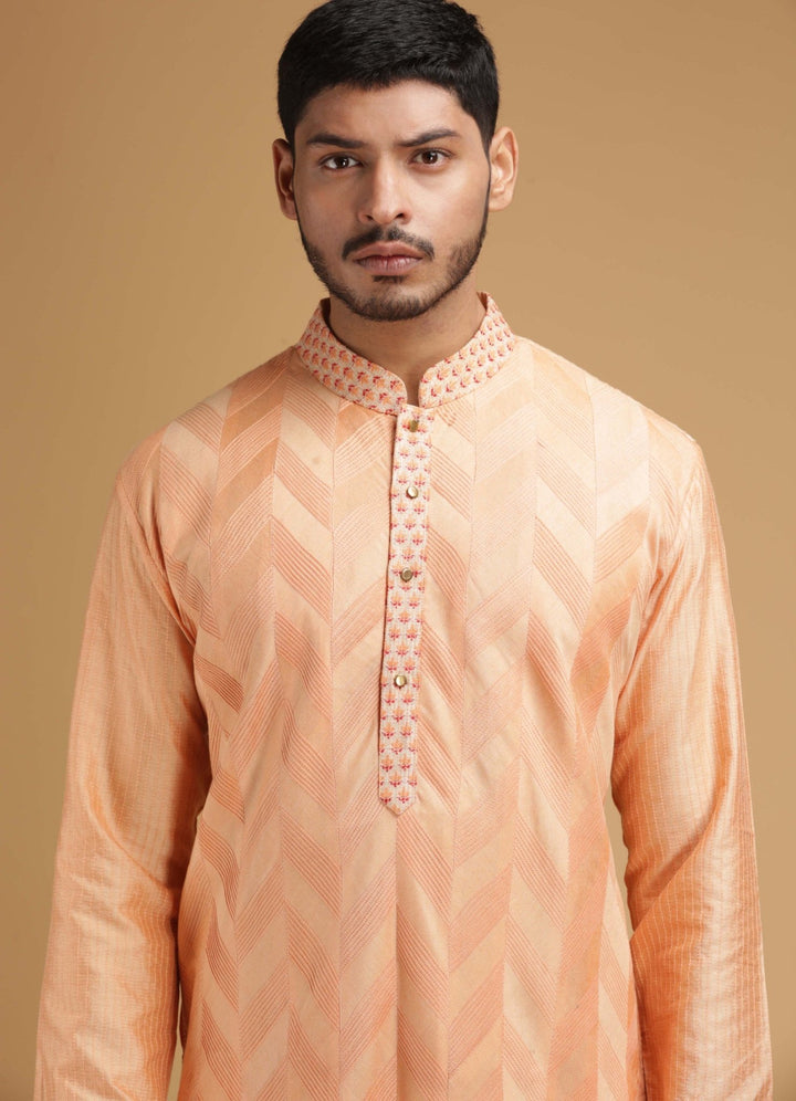 Chevron Peach Silk Kurta Set Chatenya Mittal - Fabilicious Fashion