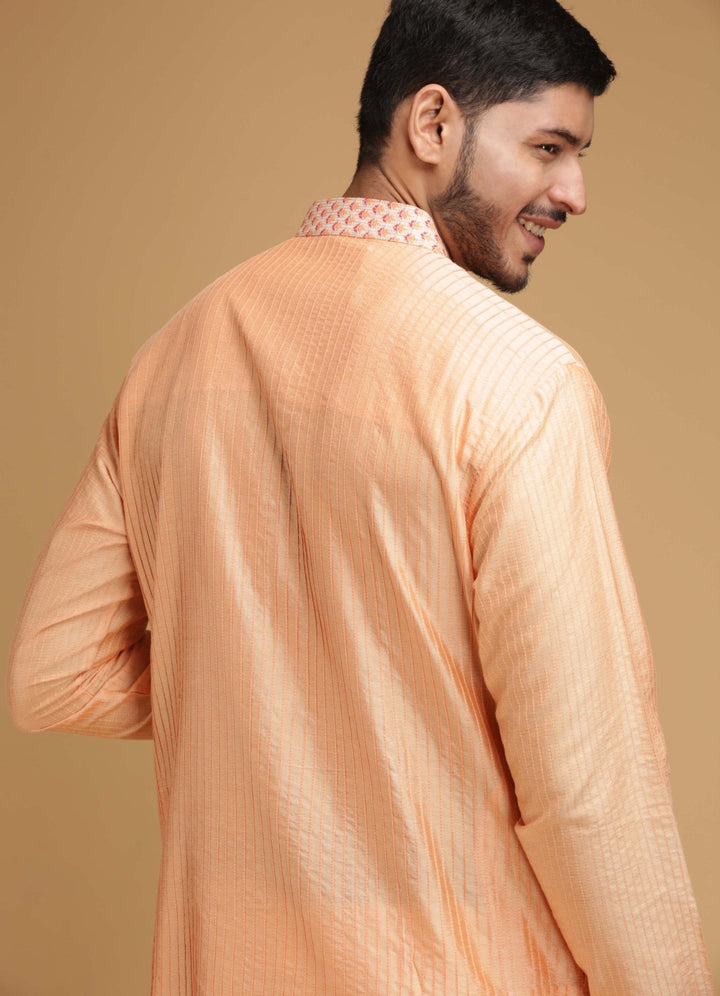 Chevron Peach Silk Kurta Set Chatenya Mittal - Fabilicious Fashion