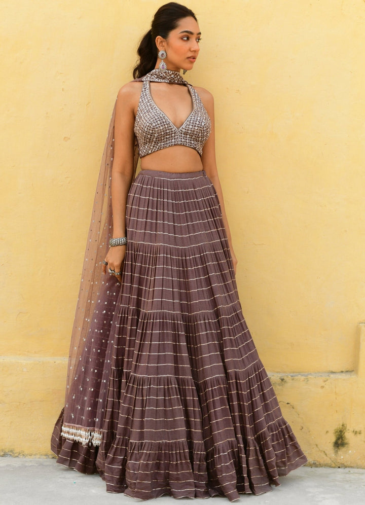 Chocolate Brown Embroidered Lehenga Set Chamee n Palak - Fabilicious Fashion