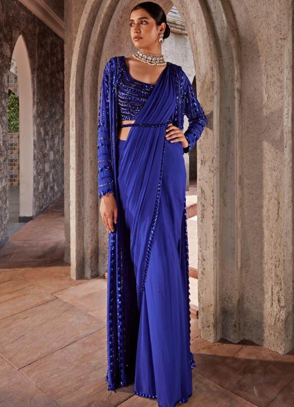 Cobalt Blue Long Cape Georgette Saree Set Nidhika Shekhar - Fabilicious Fashion