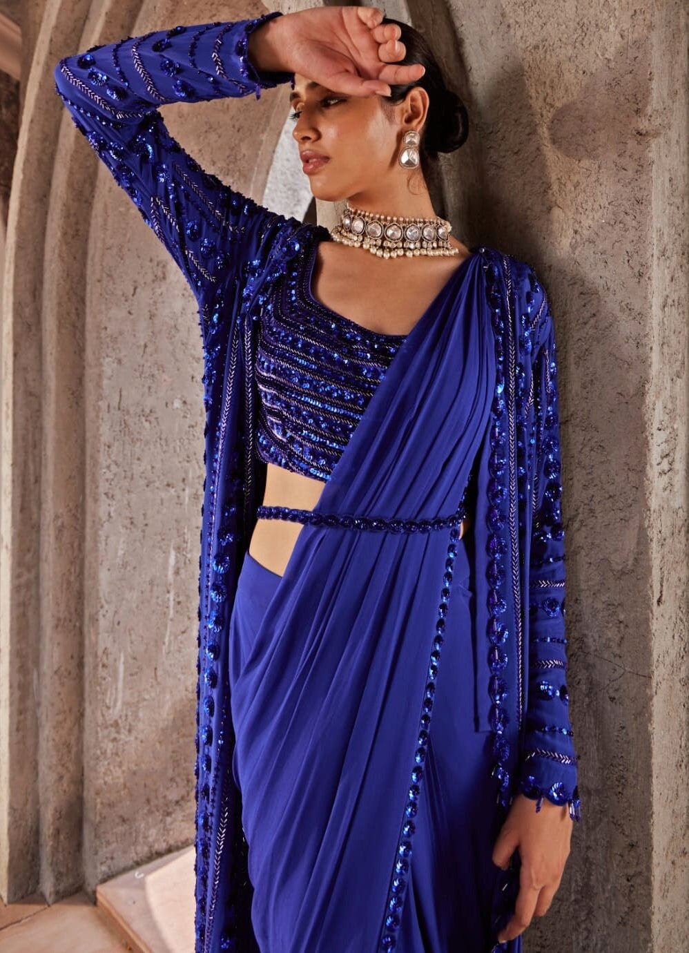 Cobalt Blue Long Cape Georgette Saree Set Nidhika Shekhar - Fabilicious Fashion