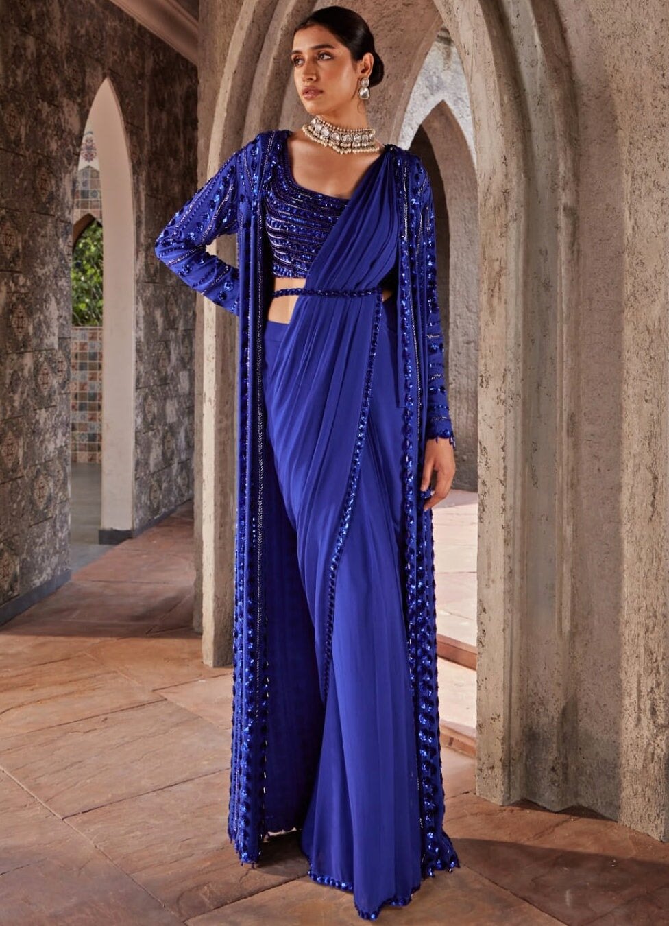 Cobalt Blue Long Cape Georgette Saree Set Nidhika Shekhar - Fabilicious Fashion