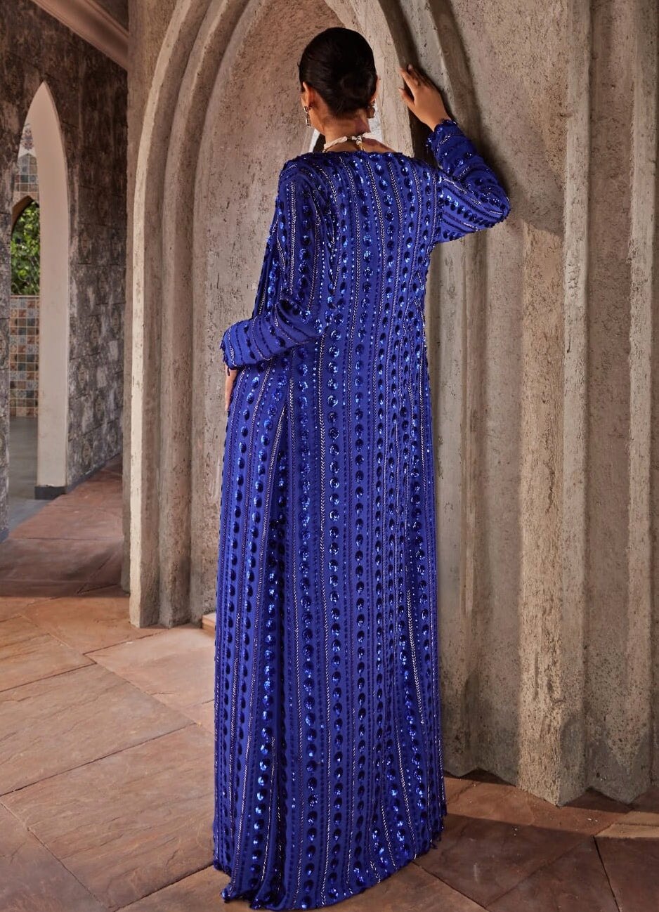 Cobalt Blue Long Cape Georgette Saree Set Nidhika Shekhar - Fabilicious Fashion