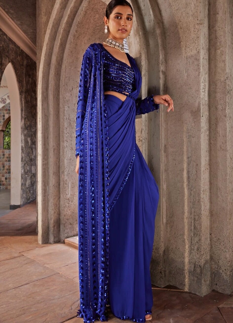 Cobalt Blue Long Cape Georgette Saree Set Nidhika Shekhar - Fabilicious Fashion